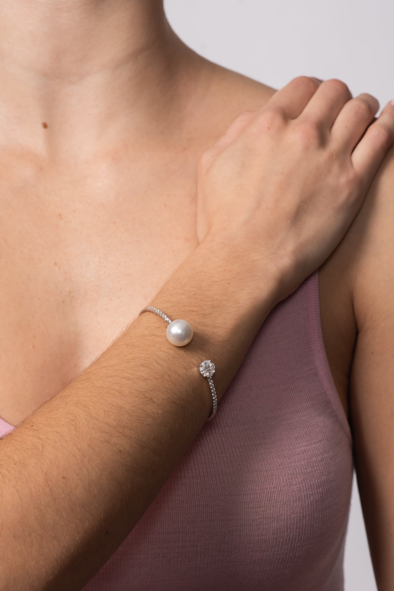 Autore Amore White Diamond Pave Bangle Bracelet featuring Australian South Sea Pearls and white diamonds